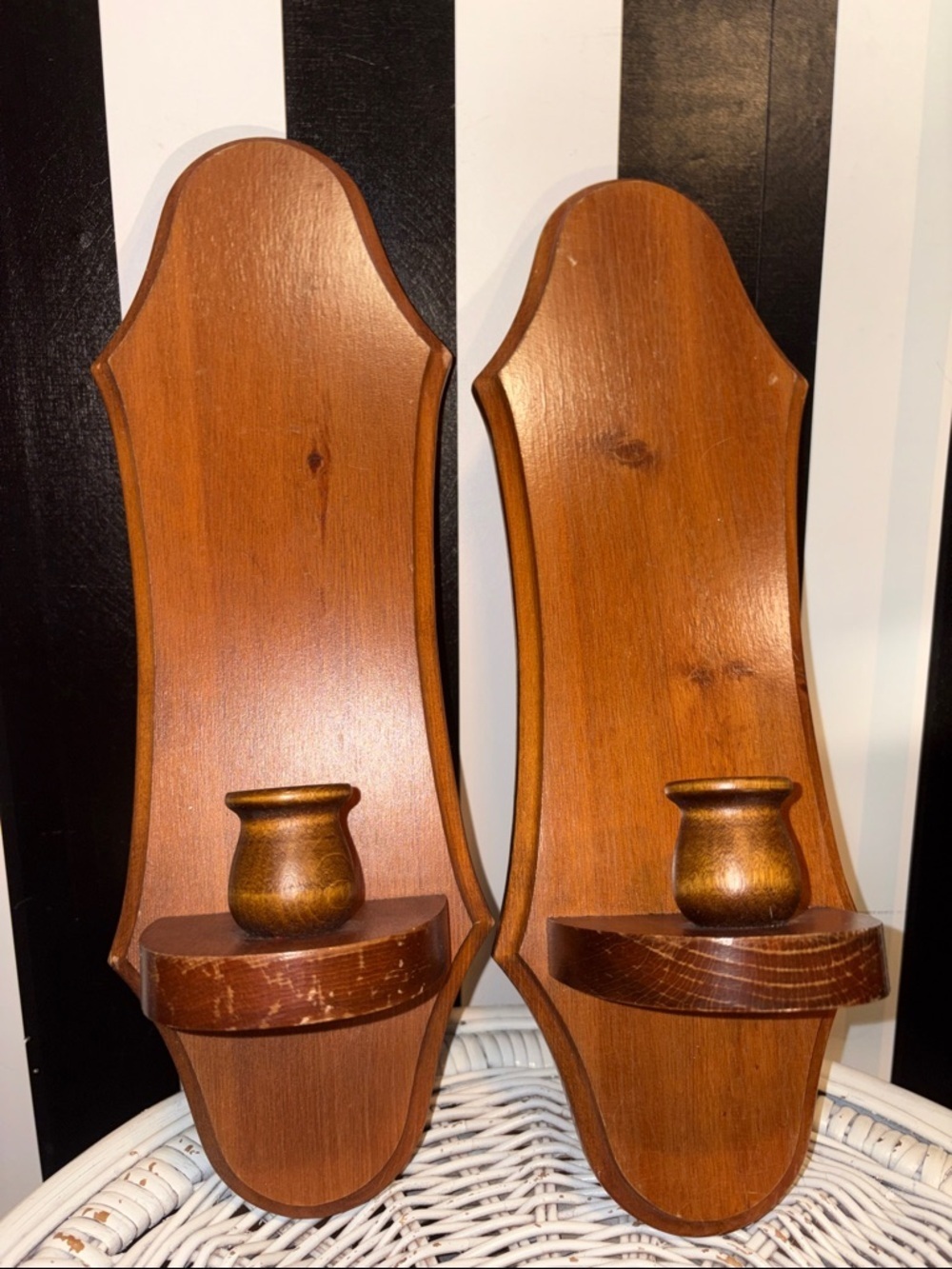 Set of 2 Vintage 70s 80s Retro Wooden Wall Sconce Taper Style Candle Holders